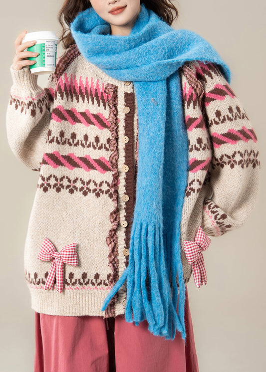 Beige Striped Button Patchwork Cozy Knit Coats Ruffled