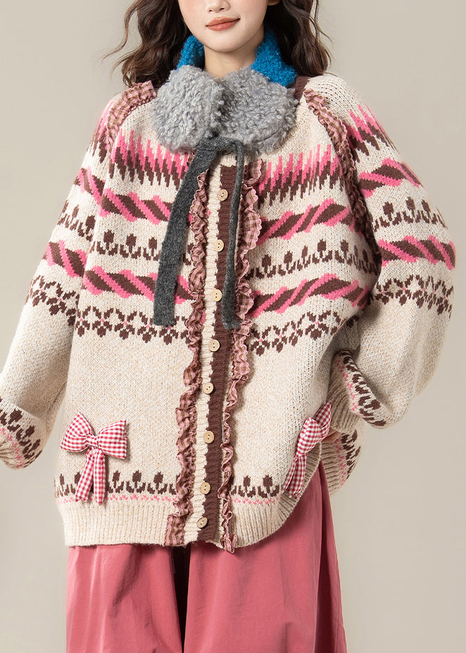 Beige Striped Button Patchwork Cozy Knit Coats Ruffled