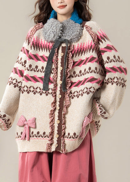Beige Striped Button Patchwork Cozy Knit Coats Ruffled