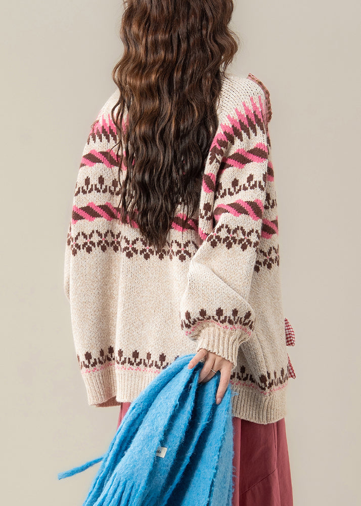 Beige Striped Button Patchwork Cozy Knit Coats Ruffled