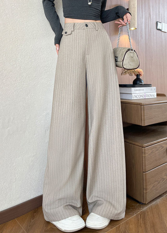 Beige Striped Draping Cotton Straight Pants Oversized Fall