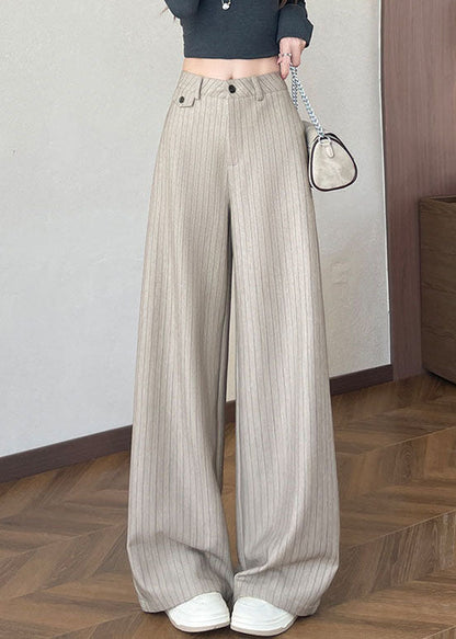 Beige Striped Draping Cotton Straight Pants Oversized Fall