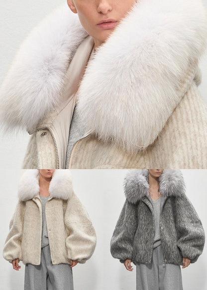 Beige Striped Pockets Oversized Duck Down Down Coat Fur Collar