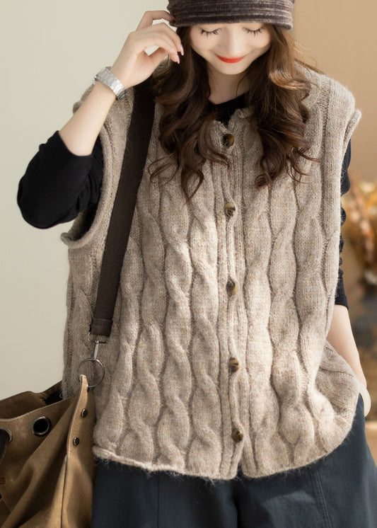 Beige Thick Cable Knit Short Vests O-Neck Winter