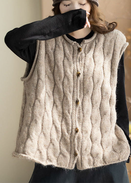 Beige Thick Cable Knit Short Vests O-Neck Winter