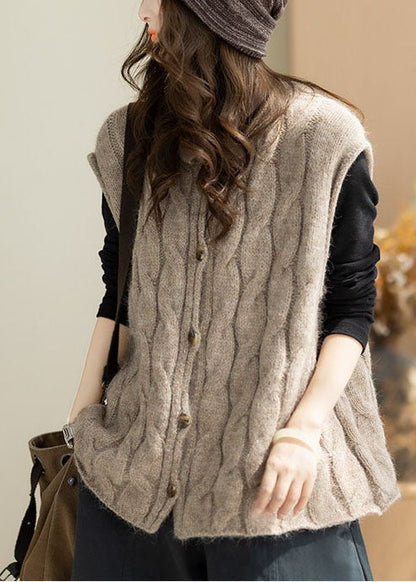 Beige Thick Cable Knit Short Vests O-Neck Winter