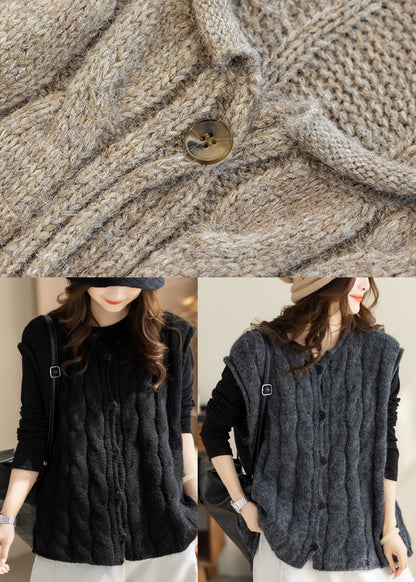 Beige Thick Cable Knit Short Vests O-Neck Winter