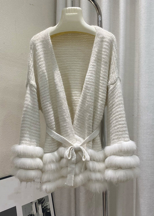 Beige Tie Waist Cotton Knit Cardigan Flare Sleeve
