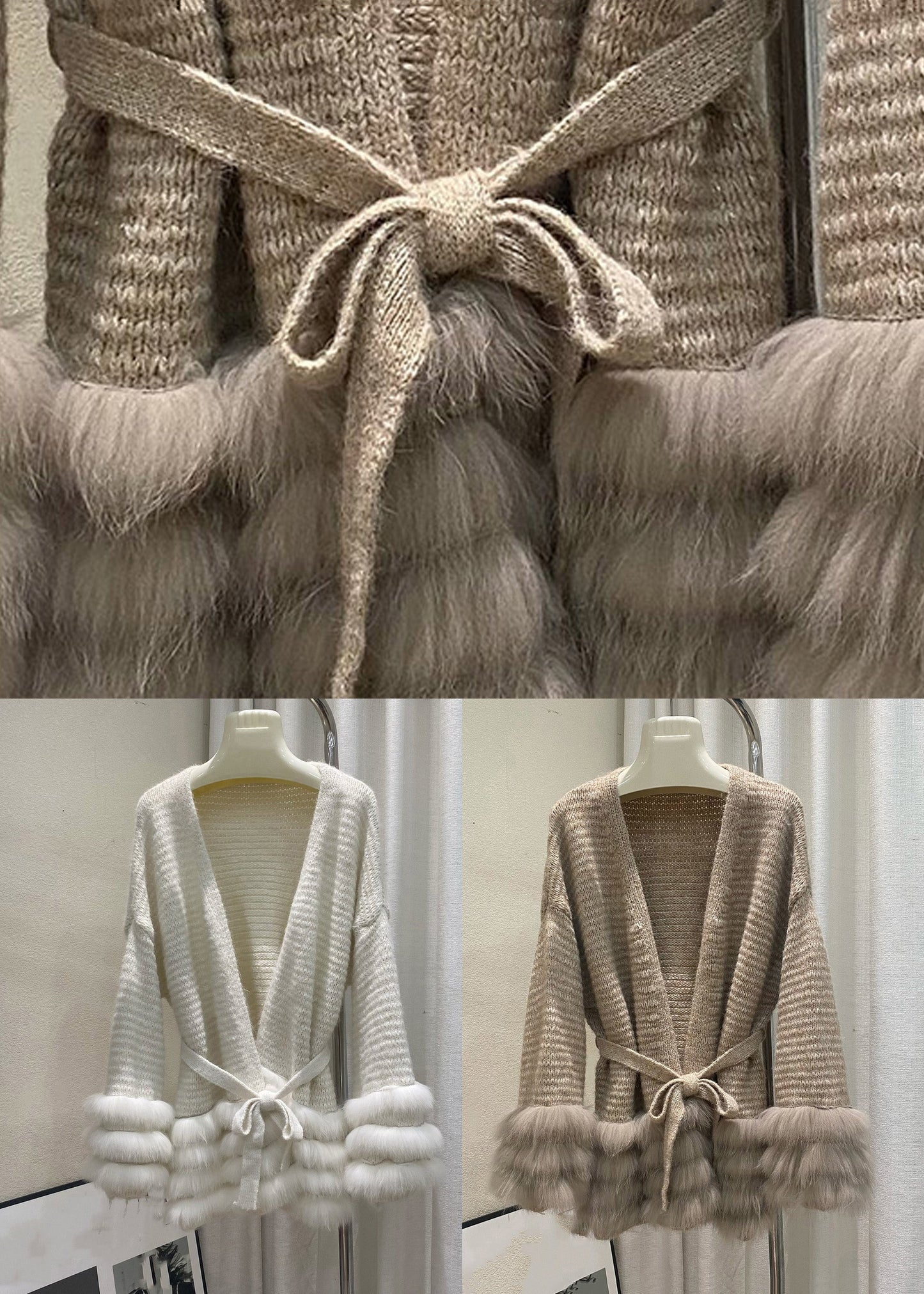Beige Tie Waist Cotton Knit Cardigan Flare Sleeve