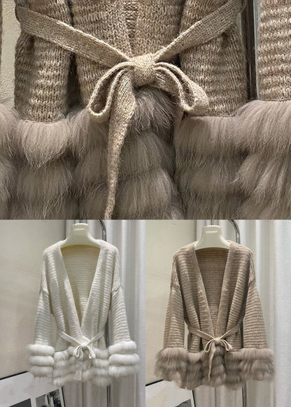 Beige Tie Waist Cotton Knit Cardigan Flare Sleeve