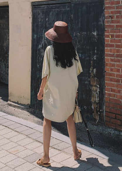 Beige V Neck Linen Mid Dress Flare Sleeve