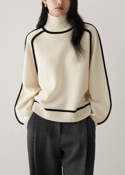 Beige White Knit Sweaters High Neck Contrast Piping Long Sleeve