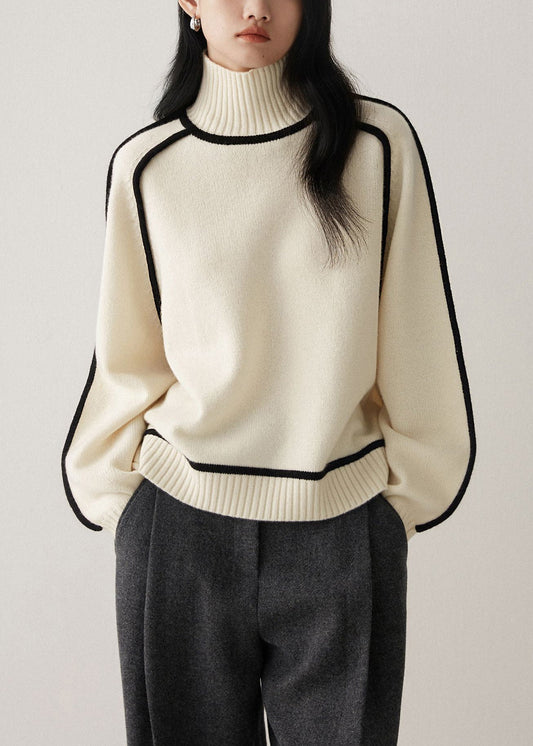 Beige White Knit Sweaters High Neck Contrast Piping Long Sleeve