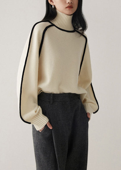 Beige White Knit Sweaters High Neck Contrast Piping Long Sleeve