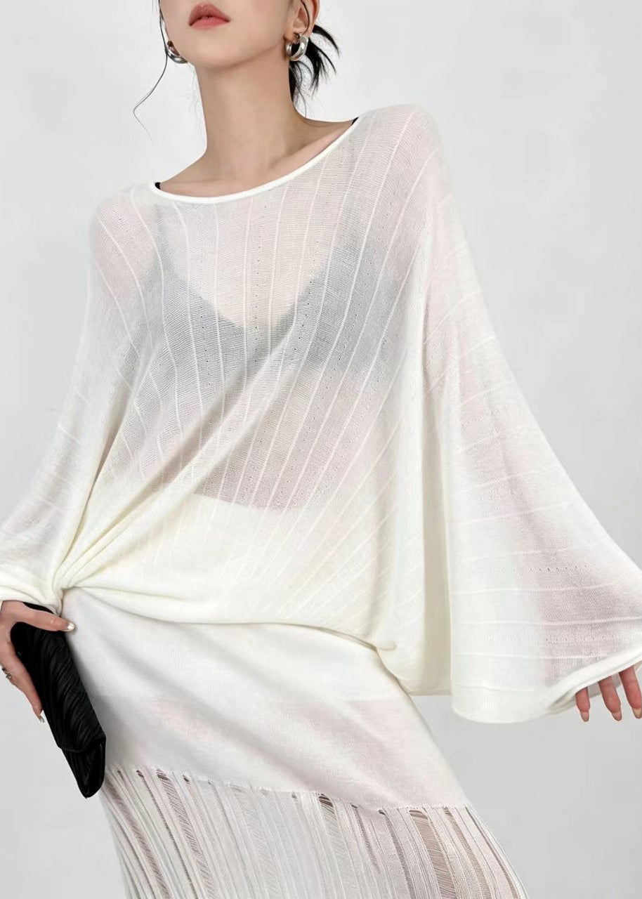 Beige White Sheer Knit Top O-Neck Batwing Sleeve