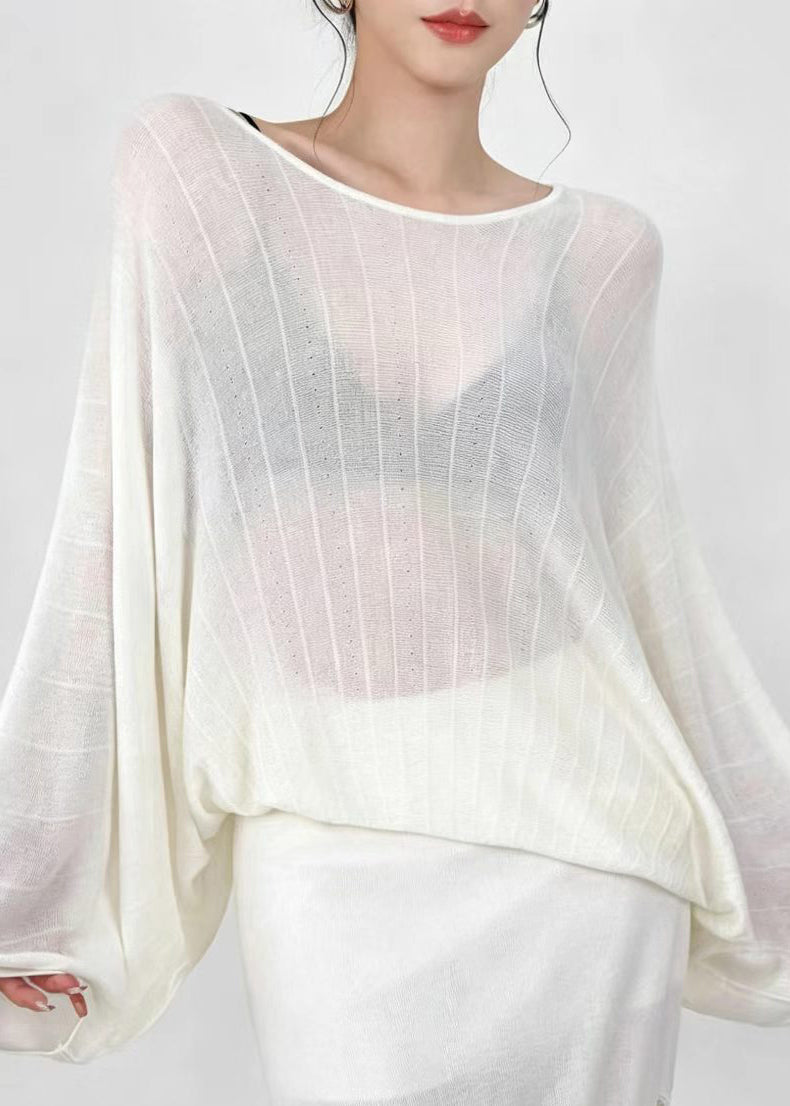 Beige White Sheer Knit Top O-Neck Batwing Sleeve