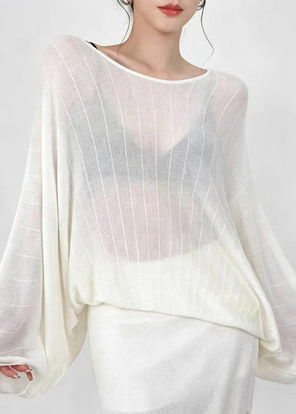 Beige White Sheer Knit Top O-Neck Batwing Sleeve
