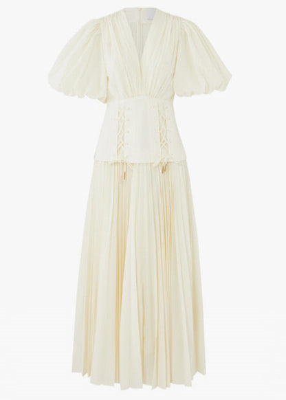 Beige Wrinkled Patchwork Cotton Dress V Neck Lantern Sleeve