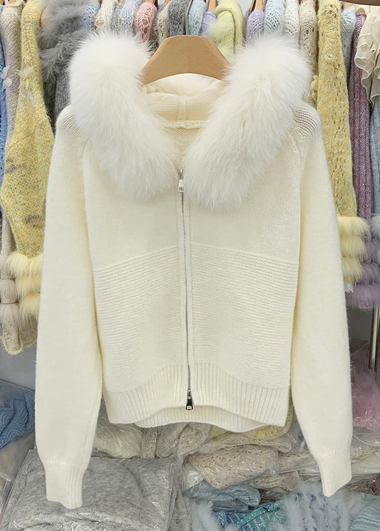 Beige Zippered Cozy Knit Winter Coats Fox Collar