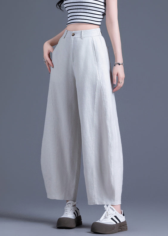 Beige Zippered Solid Elastic Waist Linen Wide Leg Pants