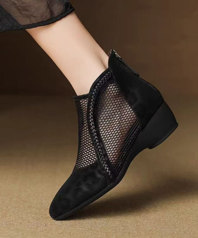 Black Ankle Boots Chunky Faux Leather Fitted Hollow Out Boots