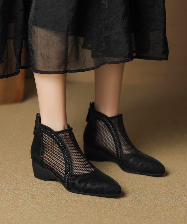 Black Ankle Boots Chunky Faux Leather Fitted Hollow Out Boots