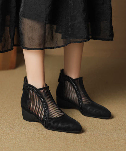 Black Ankle Boots Chunky Faux Leather Fitted Hollow Out Boots