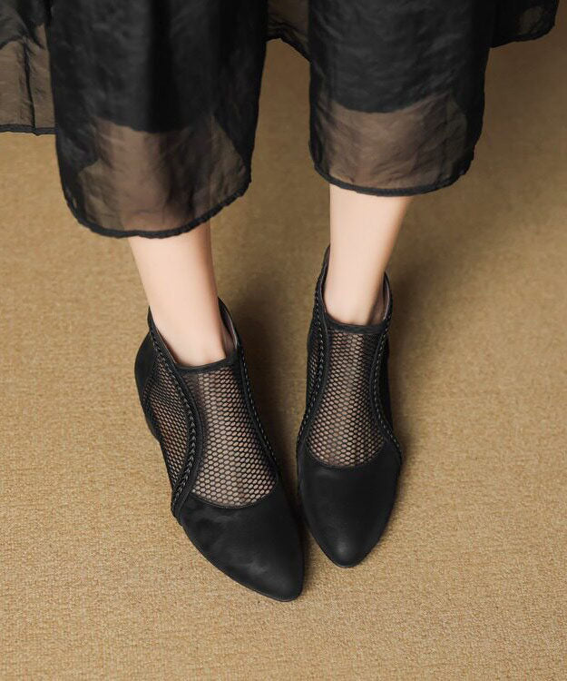 Black Ankle Boots Chunky Faux Leather Fitted Hollow Out Boots
