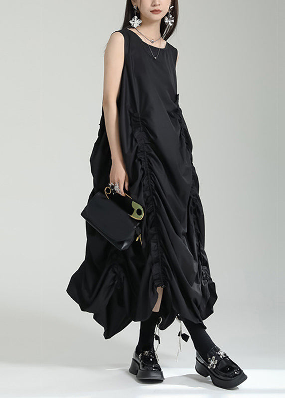 Black Asymmetrical Design Wrinkled Long Dress Summer