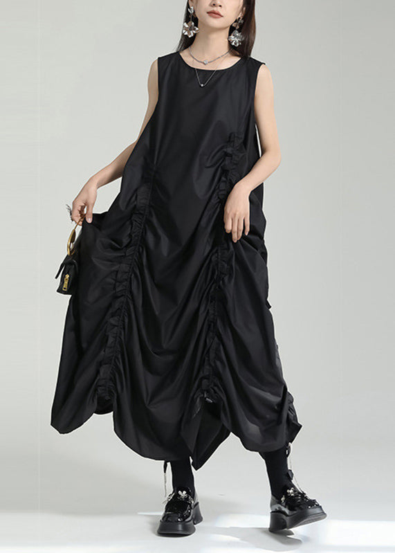Black Asymmetrical Design Wrinkled Long Dress Summer