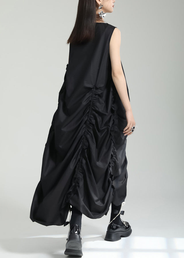 Black Asymmetrical Design Wrinkled Long Dress Summer