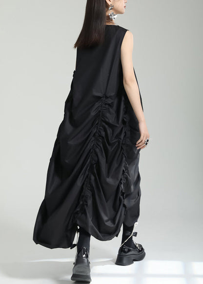 Black Asymmetrical Design Wrinkled Long Dress Summer