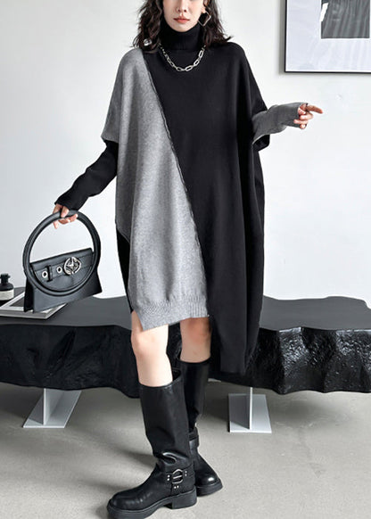 Black Asymmetrical Patchwork Knit Sweater Dress Turtleneck Winter