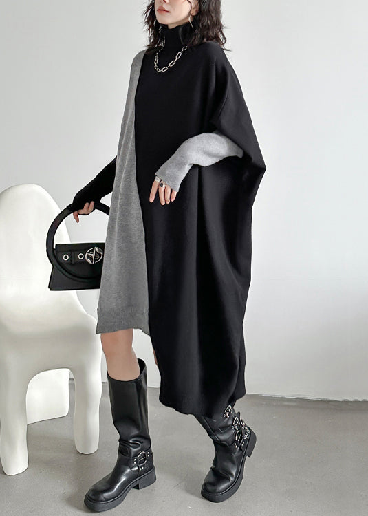 Black Asymmetrical Patchwork Knit Sweater Dress Turtleneck Winter