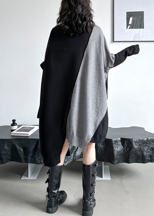 Black Asymmetrical Patchwork Knit Sweater Dress Turtleneck Winter