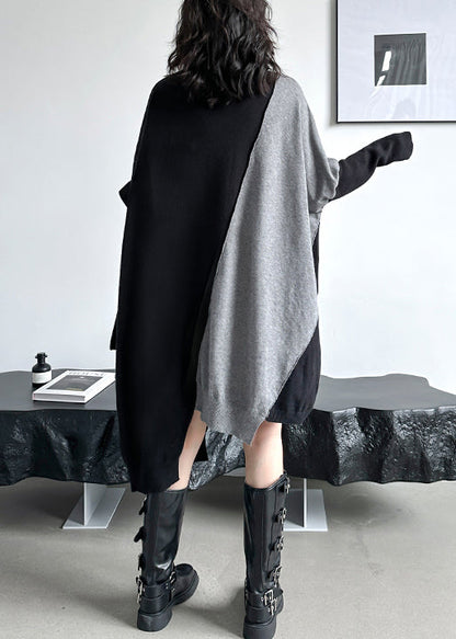 Black Asymmetrical Patchwork Knit Sweater Dress Turtleneck Winter