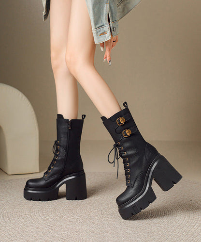 Black Boots Chunky Cowhide Leather Casual Splicing Boots