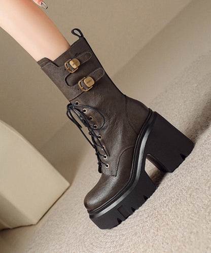 Black Boots Chunky Cowhide Leather Casual Splicing Boots