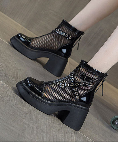 Black Boots Chunky Faux Leather Chic Splicing Boots