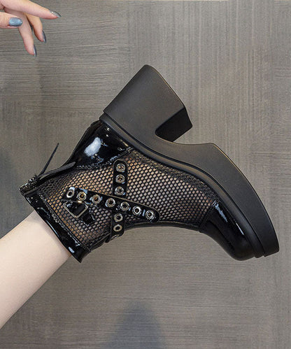 Black Boots Chunky Faux Leather Chic Splicing Boots