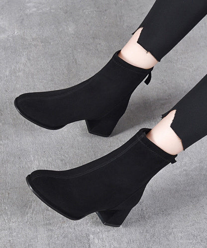 Black Boots Chunky Faux Leather Fitted Ankle Boots
