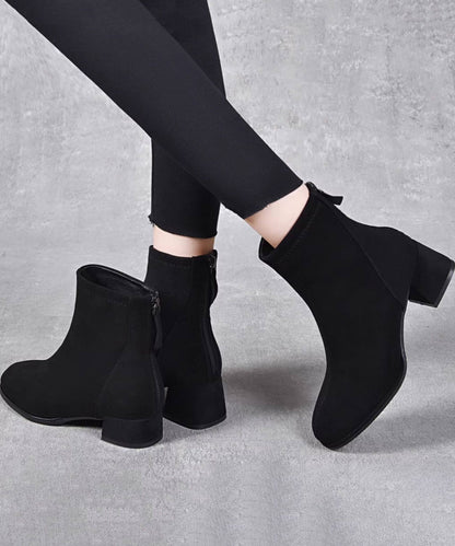 Black Boots Chunky Faux Leather Fitted Ankle Boots