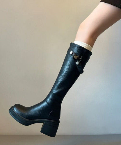 Black Boots Chunky Faux Leather Soft Boots