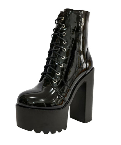 Black Boots Chunky Faux Leather Vintage Cross Strap Boots