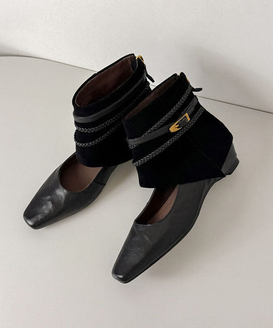 Black Boots Faux Leather Handmade Hollow Out Boots