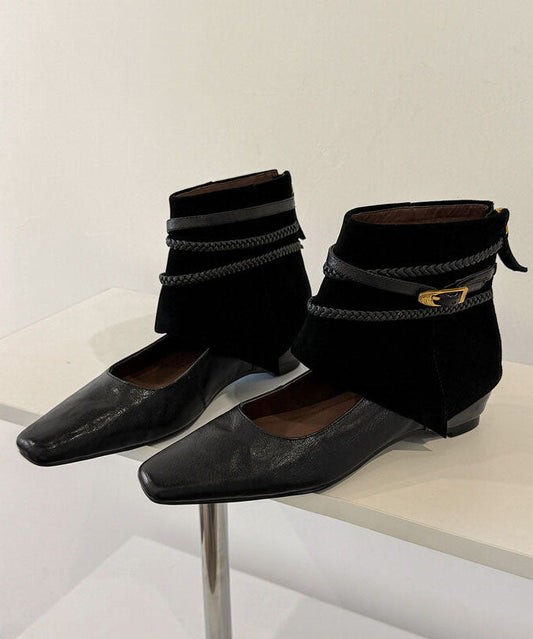 Black Boots Faux Leather Handmade Hollow Out Boots