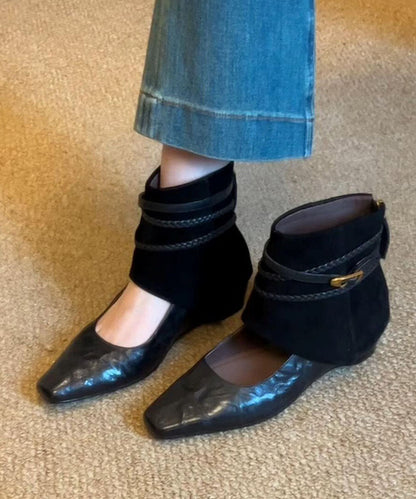 Black Boots Faux Leather Handmade Hollow Out Boots