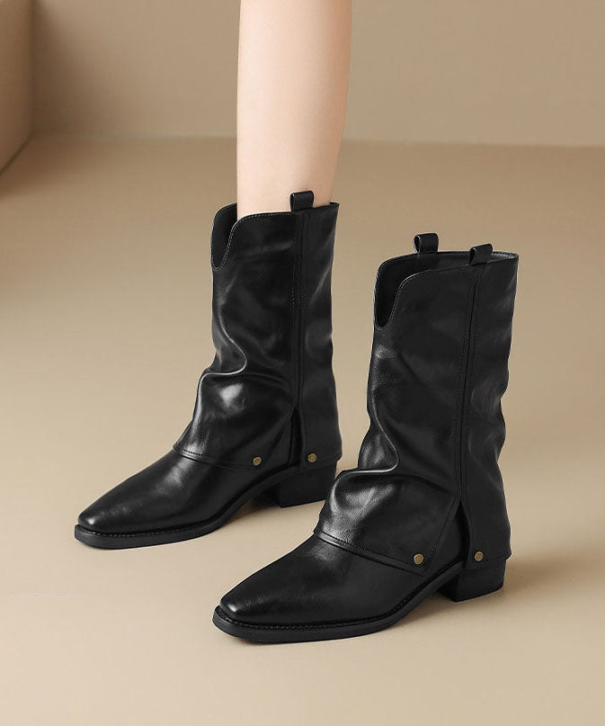 Black Boots Faux Leather Retro Pointed Toe Boots