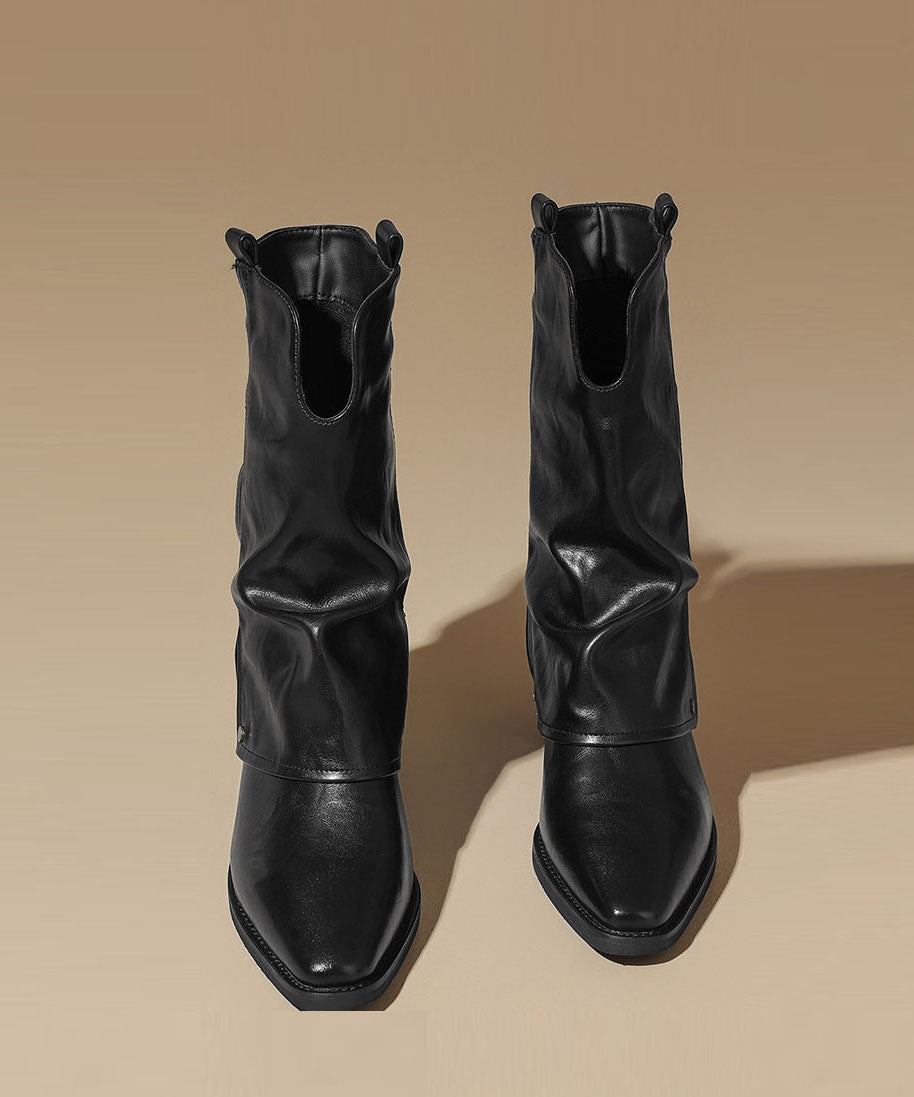 Black Boots Faux Leather Retro Pointed Toe Boots