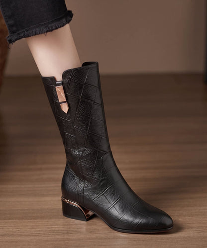 Black Boots Faux Leather Unique Warm Fleece Boots